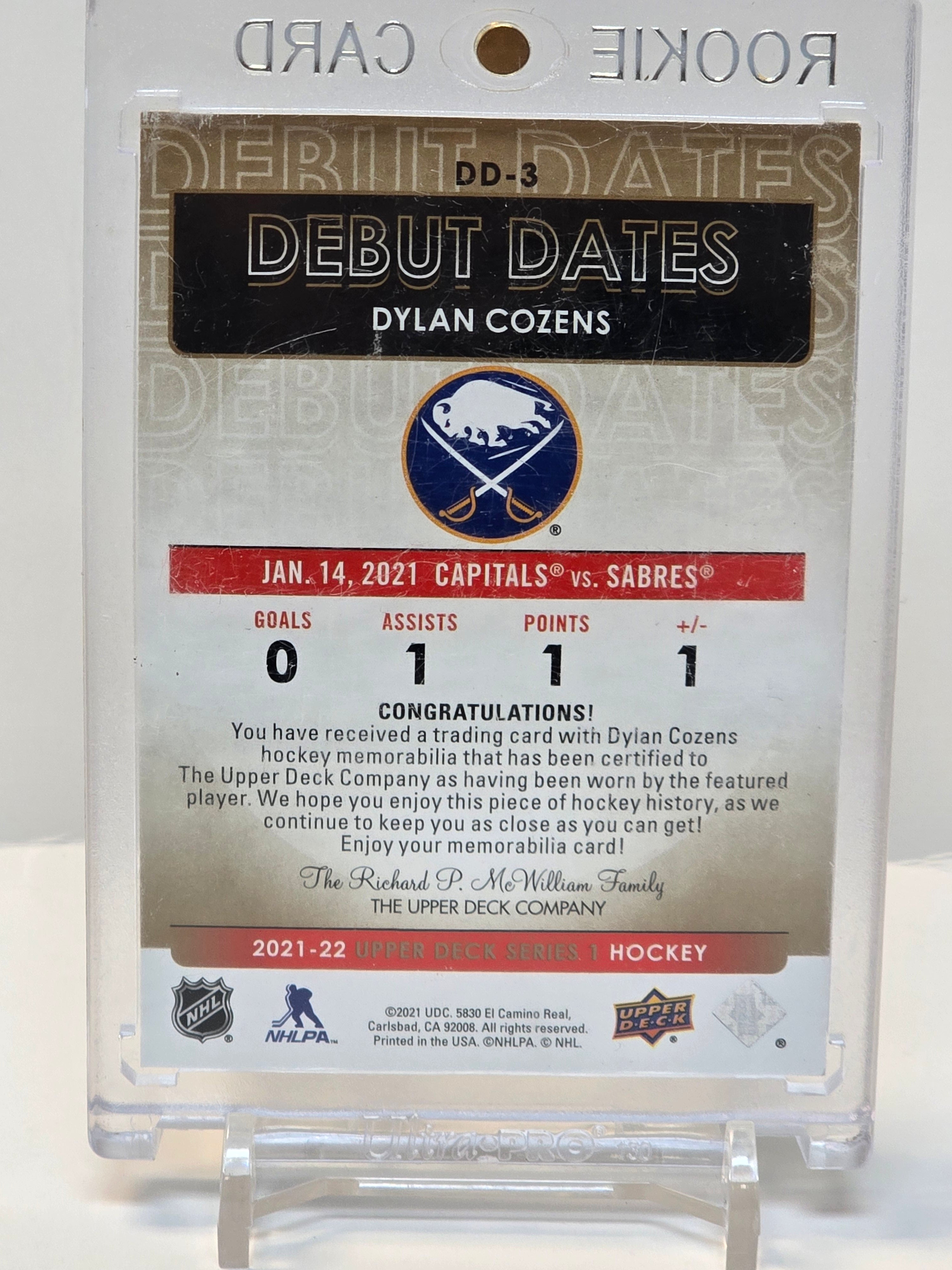 UD Debut Dates Jerseys #DD3 Dylan Cozens 2021-22
