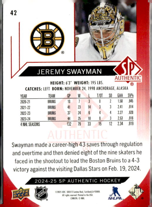 2024-25 SP Authentic Limited Red #42 Jeremy Swayman