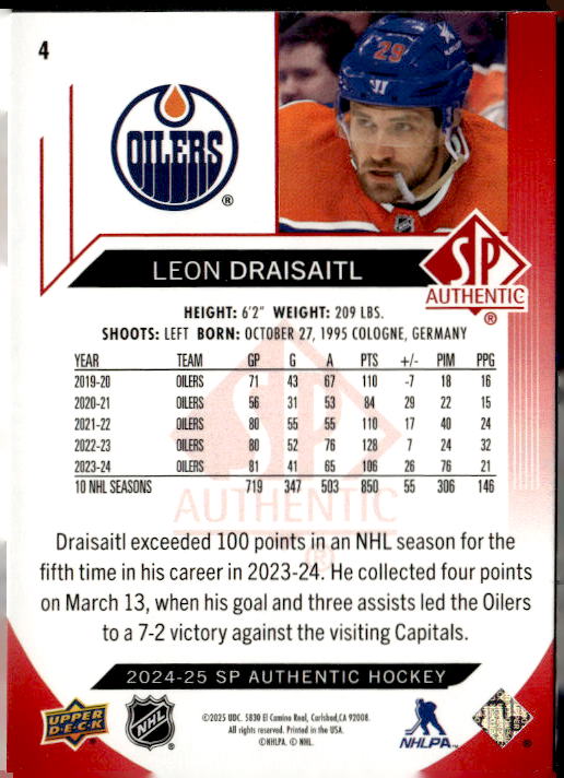 2024-25 SP Authentic Limited Red #4 Leon Draisaitl