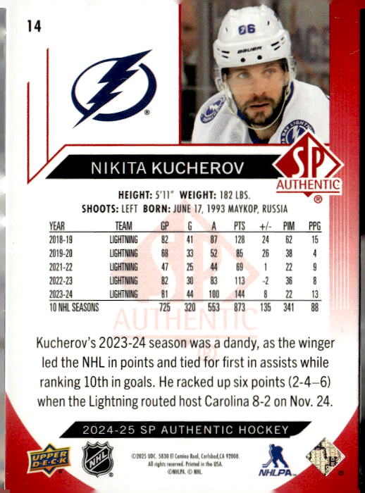 2024-25 SP Authentic Limited Red #14 Nikita Kucherov