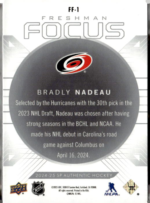 2024-25 SP Authentic Freshman Focus #FF1 Bradly Nadeau