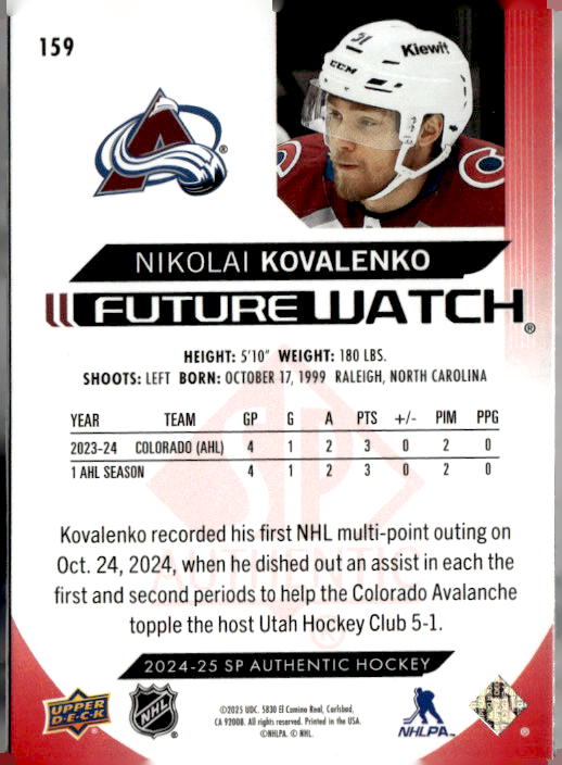 2024-25 SP Authentic Limited Red #159 Nikolai Kovalenko FW
