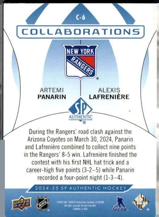 2024-25 SP Authentic Collaborations Blue #C6 Artemi Panarin/Alexis Lafreniere