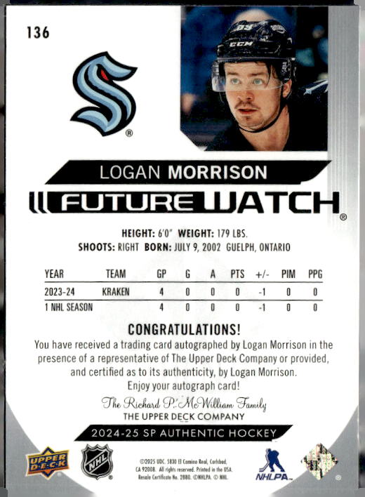 2024-25 SP Authentic #136 Logan Morrison FW AU/ 627/999