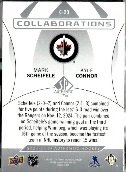 2024-25 SP Authentic Collaborations #C23 Mark Scheifele/Kyle Connor