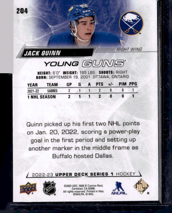 2022-23 Upper Deck #204 Jack Quinn YG RC