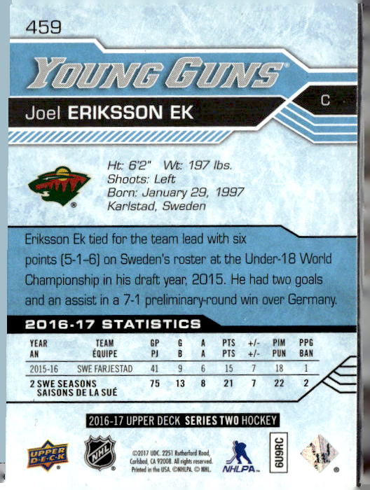 2016-17 Upper Deck #459 Joel Eriksson Ek YG RC