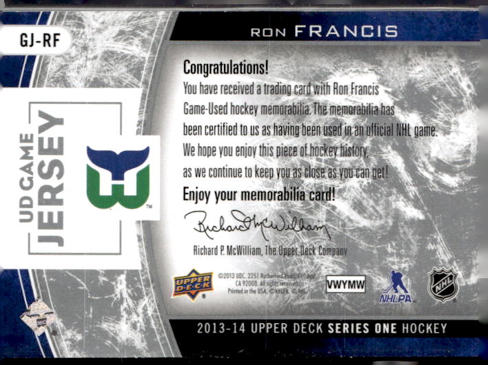 2013-14 Upper Deck Game Jerseys #GJRF Ron Francis 1D
