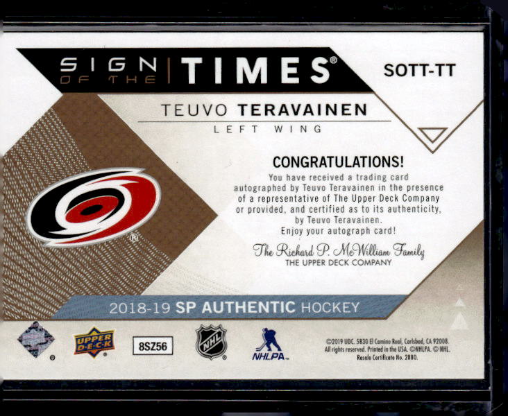 2018-19 SP Authentic Sign of the Times Inscriptions #SOTTTT Teuvo Teravainen