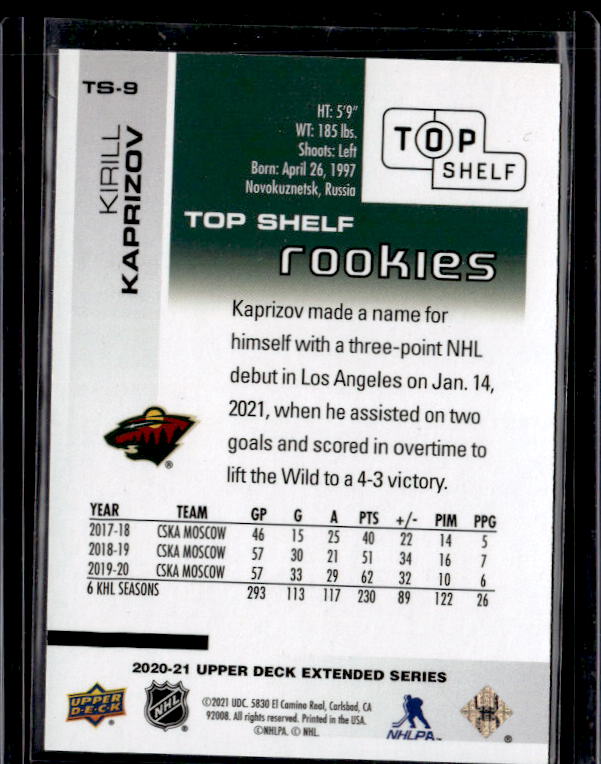 2020-21 Upper Deck UD Top Shelf Rookies #TS9 Kirill Kaprizov 379/500