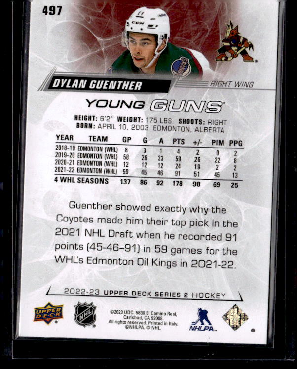 2022-23 Upper Deck #497 Dylan Guenther YG RC