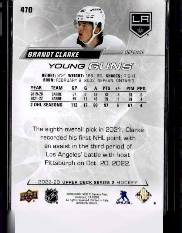2022-23 Upper Deck #470 Brandt Clarke YG RC