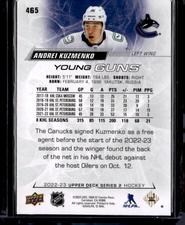 2022-23 Upper Deck #465 Andrei Kuzmenko YG RC