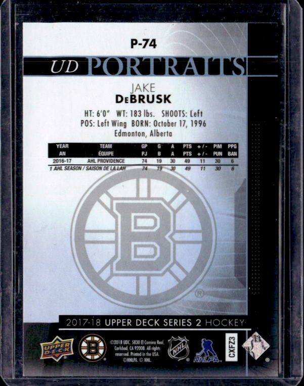 2017-18 Upper Deck UD Portraits #P74 Jake DeBrusk