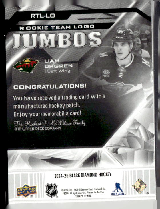 2024-25 Black Diamond Rookie Team Logo Jumbo Puzzle Patch #RTLLO Liam Ohgren