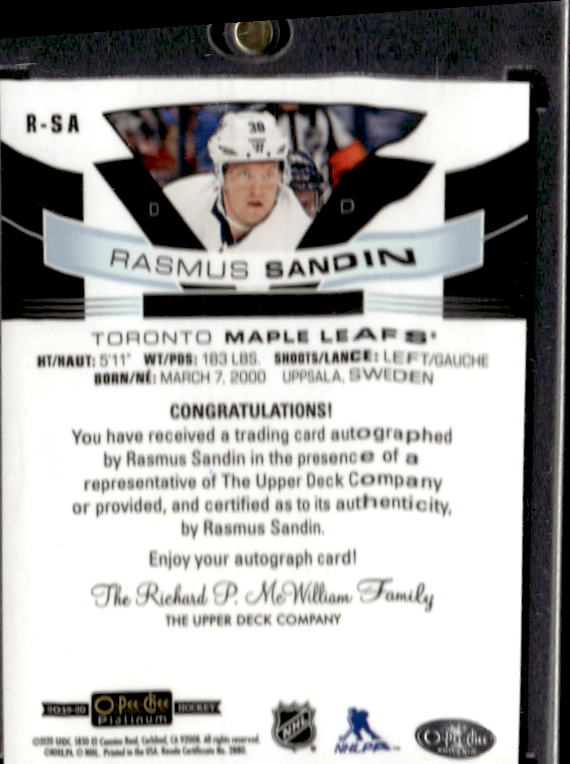 2019-20 O-Pee-Chee Platinum Rookie Autographs #RSA Rasmus Sandin A