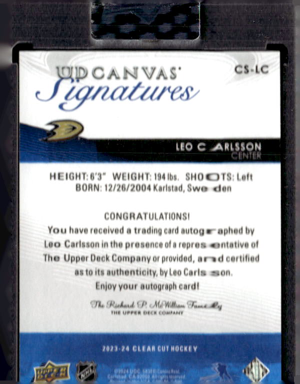 2023-24 Upper Deck Clear Cut Canvas Signatures #CSLC Leo Carlsson